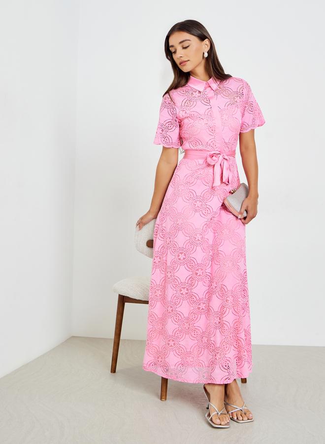 Styli Women Pink Lace Shirt Maxi Dress - Image 5